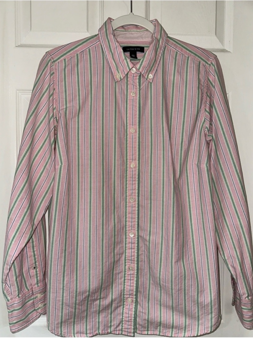 Lands' End Size 14W Button Down Shirt L/S Pink Multi Stripe Back Pleat Preppy